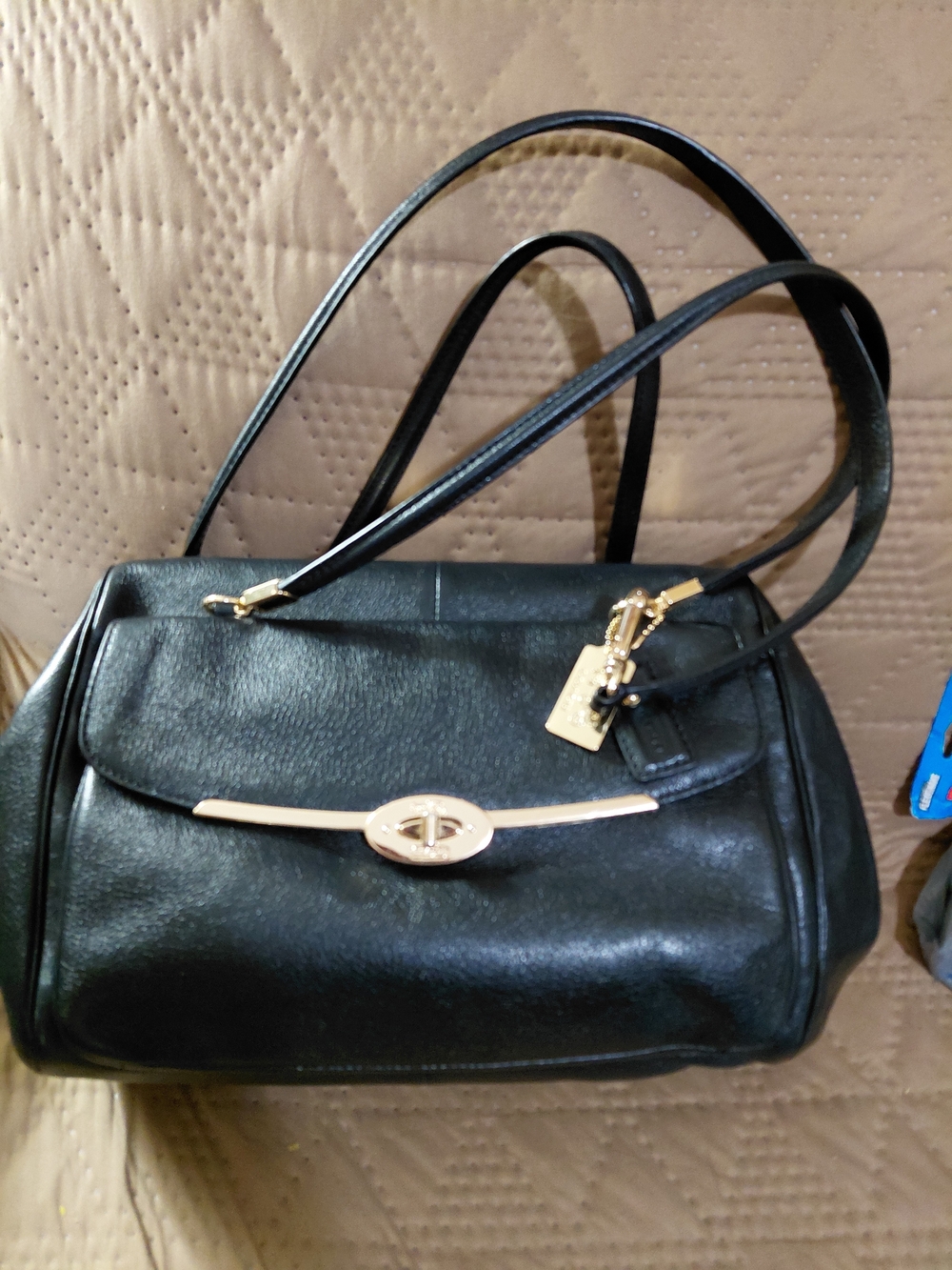 Black Leather Coach Shoulder Bag with Gold Hardware
